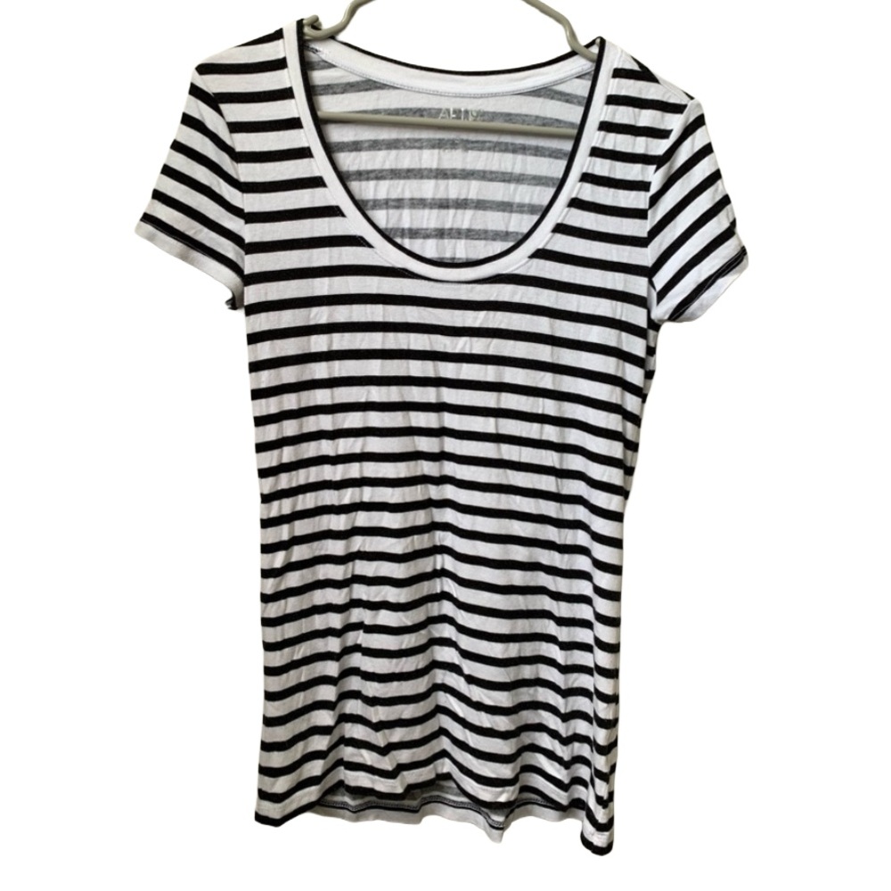 APT 9 White Black Stripe Cap Sleeve Rounded Neck Modal Cotton Spandex Tee Shirt